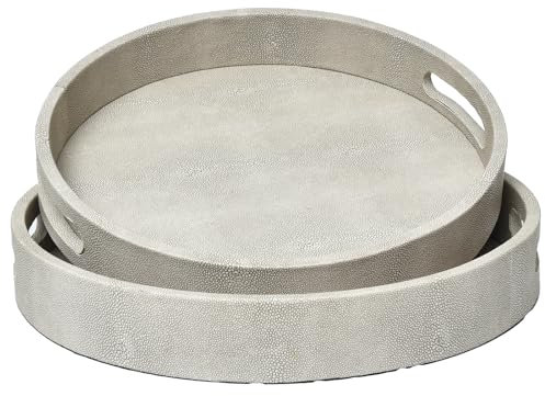 Set of 2 Round Shagreen Serving Tray Set, Ivory Wood with PU Leather Decor, Ideal for Coffee Tables, Ottomans, and Console Tables