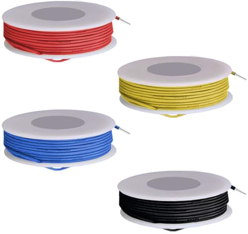 MKBKLLJY 24 Gauge Massivdraht 300V PVC-Elektrokabel 24AWG Isolierung Verzinnter beschichteter Kupferdraht Anschlussdraht 4Farben (Rot/Gelb/Blau/Schwarz) 5m/16,4ft pro Stück Kabelsortiment für DIY