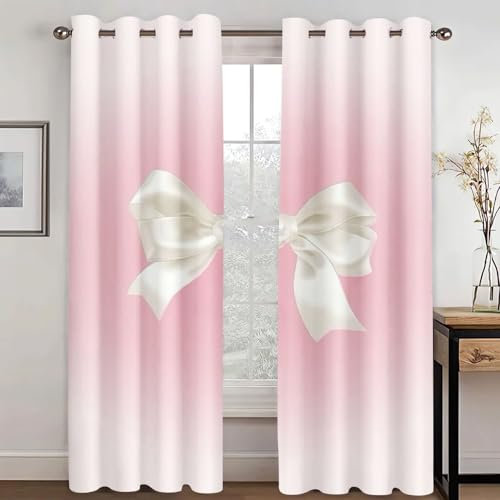 SHROUDEX Vorhänge Blickdicht Schleife Verdunkelungsvorhänge, 3D Pinker Bogen Kinderzimmer vorhänge, bunter Schmetterling Gardinen für Wohnzimmer (7,100x140cm(2x50x140cm))