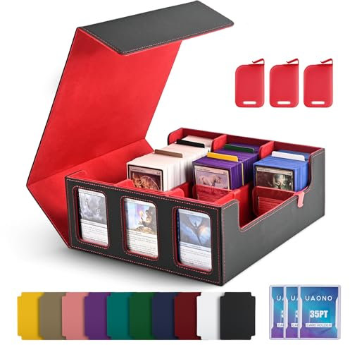 UAONO Trading Card Storage Box für Commander Display, 1800+ MTG Deck Box mit 3 Toploader, TCG Card Case passend für Magic PTCG Sports Cards(Schwarz&Rot)