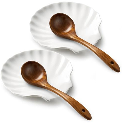 ABRUTY Spoon Rest for Stove Top, Ceramic Spoon Holder for Kitchen Counter, Modern Farmhouse Kitchen Decor Accessories for Spatula, Spoons or Tongs (E-2 Pack, Shell-Shape)