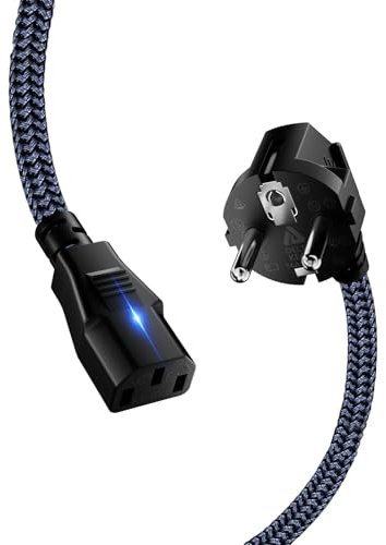 Kaltgerätekabel 3 polig, Goalfish 2,0m Nylon-Geflecht Universelle Stromkabel (CEE 7/7 auf C13) Netzkabel mit VDE für Monitore, PC, Drucker, Scanner, TV, Bildschirm, Beamer, Projektor - Grau