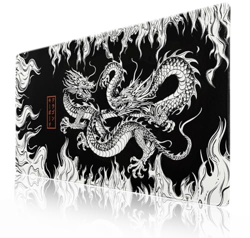 Tapis de souris XXL motif dragon japonais - Noir et blanc - 90 x 40 cm - Base en caoutchouc antidérapante - Bords cousus - Grand tapis de souris pour jeux, ordinateur portable, ordinateur de bureau