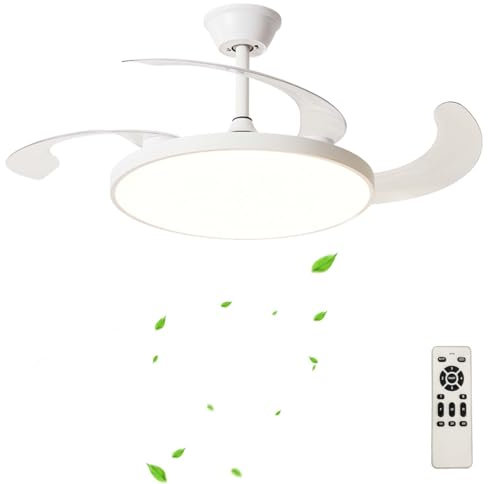 Grande Ventilatore Da Soffitto Con Luce Telecomando Silenzioso Camera Da Letto Retrattile Lampadario Ventilatore Dimmerabile LED Reversibile Moderno Plafoniera Con Ventilatore 6 Velocità-White||118cm