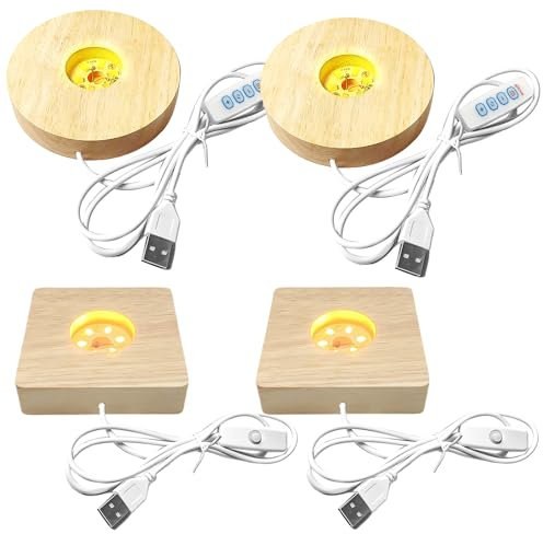 4 Stück LED Holzsockel, 3 Farben Holzbeleuchtung Einstellbar Holz LED Lichtsockel, Rund + Rechteck Holz Leuchten Ständer USB led-lichter sockel für Kristallkugeln, Glas, Schmuck, Acryl und Harz