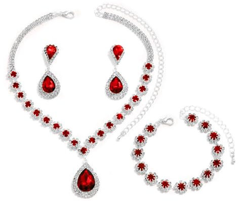 FDEETY Parure Gioielli Donna Elegante Semplice Set di Gioielli Sposa Ciondolo Gioielli da Sposa con Strass Grandi Collana Braccialetti Orecchini Set Regalo Gioielli(Rosso)