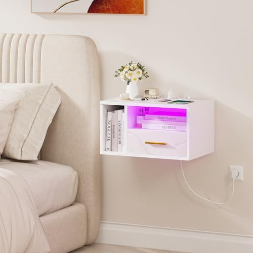 HaodaCulture Table de Chevet Murale LED, Table d'appoint avec Station de Charge, Table de Nuit, 16 Couleurs LED RVB, 2 Prises CA, 2 Ports USB, Plateau, Table Basse, Blanc 46.5x30x25.5cm