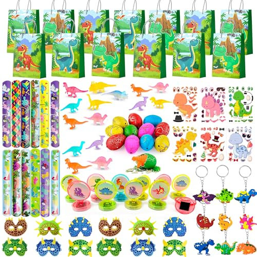 Gadget Dinosauri Compleanno,96 Pcs Kit Festa Dinosauri Giocattolo per Compleanno Includere Sacchetti per Feste Dinosauri Adesivi Portachiavi Maschere Regalini Fine Festa Compleanno Bambini