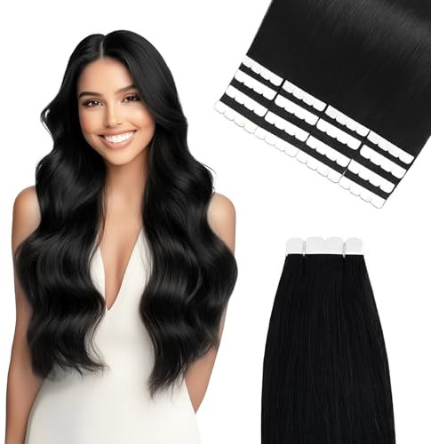 Vlasy Tape Extensions Echthaar 40cm Mini Tape in Extensions Echthaar Schwarz Gerade Tape Haarverlängerungen Echte Menschliches Haar Natürliche Invisible Tape Hair Extensions 1# 16 Stück