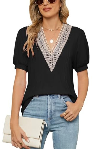 Famulily Ladies Summer Tops Lace Trim V Neck, Short Puff Sleeve T-Shirts Casual Pleated Tee Shirts (XL, Black)