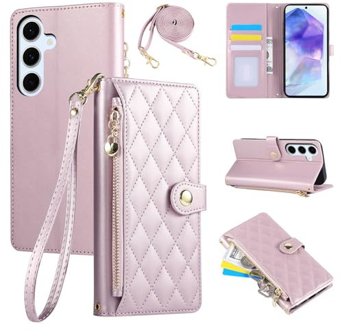 Rosbtib Custodia per Samsung Galaxy A55 5G 6.6 2024, Custodia per telefono con ricamo a griglia in pelle PU (cinturino da polso e tracolla lunga Crossbody) Custodia Flip per Galaxy A55, Rosa