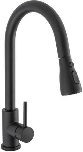 VALAZ Rubinetto Lavello Cucina con Doccetta Estraibile Nero Opaco | Miscelatore Cucina Monocomando | Pressione, Risparmio idrico, 360°, Installazione Veloce | Ottone, Acciaio Inox, Serie Eco Parana