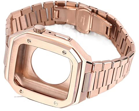 AMSOH Stainless Steel Watch Case Strap，For Apple Watch Band 9 8 7 6 5 4 SE 44mm 45mm Series Watch Replace Upgrade Bracelet Strap Metal Case Mod Kit(ROSE GOLD,45MM)