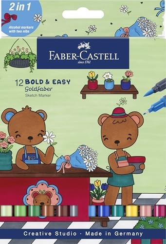 FABER-CASTELL - Goldfaber Sketch Marker Bold & Easy, 12 Farben | Schnell trocknende Alkohol Marker für Cozy Coloring, Kawaii und kreative Auszeiten