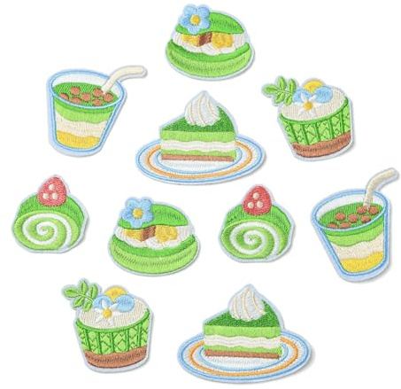 KitBeads 10 x grüne Matcha-Kuchenaufnäher, Stickerei, süßes Essen, zum Aufbügeln oder Aufnähen, für Kleidung, Rucksäcke, Hosen, Jeans, Hüte, 5 Stile