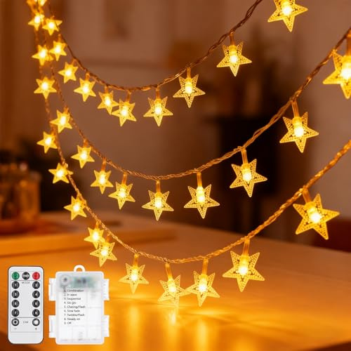 Stern-Lichterkette, 10 m, 100 LEDs, 8 Modi, batteriebetrieben, wasserdicht, für Innen- und Außenbereich, für Schlafzimmer, Terrasse, Party, Hochzeit, Zelt, Hochbett, Weihnachtsbaumdekoration, Warmweiß