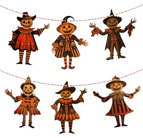 Halloween Deko innen, 1 Stuck Vintage Horror-Dek Girlande, 120cm Längen, Hängebanner mit 6 Holz Wimpelketten, für Party, Horror, Kürbis, Hexe, Wanddekorationen