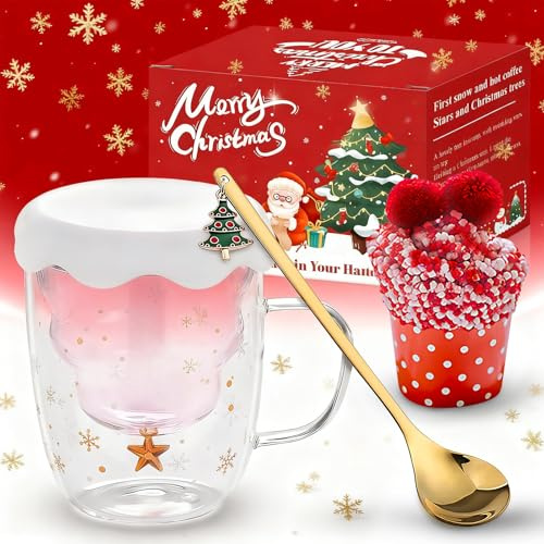 Allony Double Wall Glass Coffee Mug, Christmas Socks, Christmas Tree Mug, Cute Mugs for Women, Christma Cups with Teaspoon for Coffee Milk Juice, Birthday Gifts, Christma Decorations
