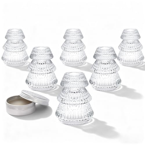 Weihnachten Kerzenhalter Glas, 6er Set Klar Kerzenständer Glas mit Klebewachs, Kristall Weihnachtsbaum Kerzenständer Stabkerzen für Teelichter, Klein Stabkerzenhalter für Party Weihnachten Tischdeko