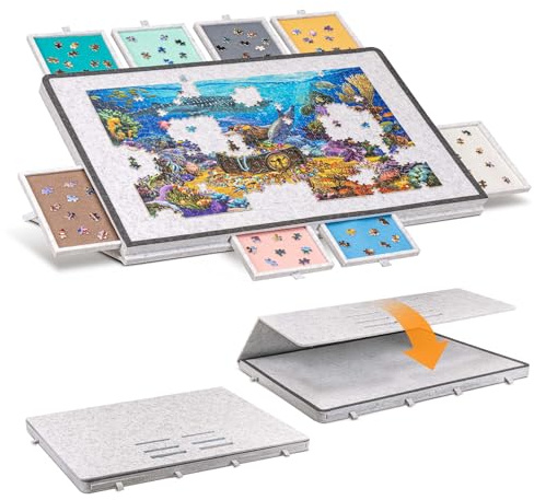 Becko US Kippbares Puzzlebrett mit 2-in-1 entworfenem Ständer & Abdeckung, Leichter Aufbewahrungskoffer aus Filz mit 8 Schubladen, tragbares Puzzlebrett für Spiele bis zu 1500 Teile