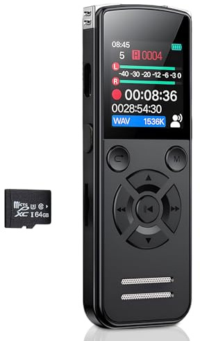 Dictaphone Enregistreur Vocal 64 Go, Mini Enregistreur Audio Numérique 1536 Kbps avec Écran TFT, Enregistreur de Voix USB-C Rechargeable pour Réunions, Cours et Interviews