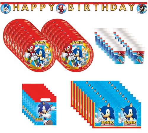 Procos Sonic Partyset 61-tlg. für 16 Kinder FSC® | 16 Teller, 16 Becher, 20 Servietten, 8 Partytüten, 1 Partykette