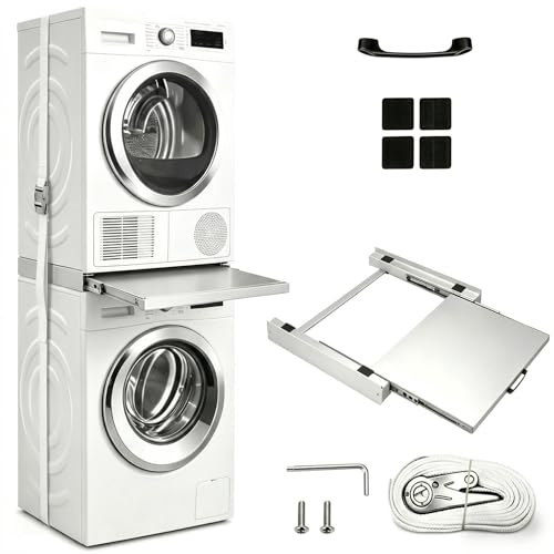 Marco intermedio blanco con placa extraíble, para lavadora y secadora, acero, incluye correa de amarre blanca