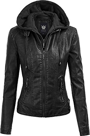 Lock and Love LL WJC1044 Women’s Faux Leather Moto Biker Jacket with Removable Hood – Zip Up Short Coat with Pockets, Fall Fashion Outerwear L Black