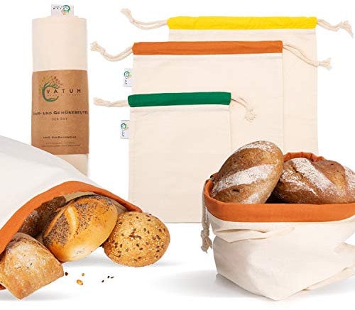 Kitchen Helpis Brotbeutel 3er Set aus Bio Baumwolle (GOTS) - Obst- und Gemüsebeutel für Zero Waste inkl. E-Book - umweltfreundlicher Brotsack mit Kordelzug - Wiederverwendbare Baumwollbeutel