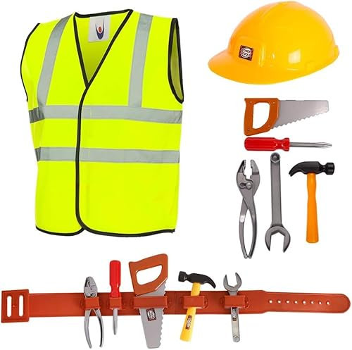 Spielset für Kinder, Spielzeug-Werkzeugset, 8-teilig, mit Werkzeuggürtel (5 einzigartige Werkzeuge), Bauarbeiter-Kostüm für Jungen und Mädchen (Größe M – 7–9 Jahre)