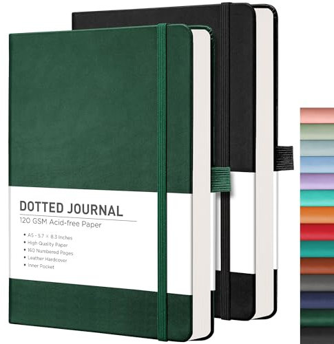 RETTACY A5 gepunktetes Notizbuch, 2 Stück, Bullet Dot Grid Journal mit 320 nummerierten Seiten, Hardcover, 120 g/m² dickes Papier, 8 perforierte Blätter, Stifthalter, Innentasche 14,5 x 21 cm,