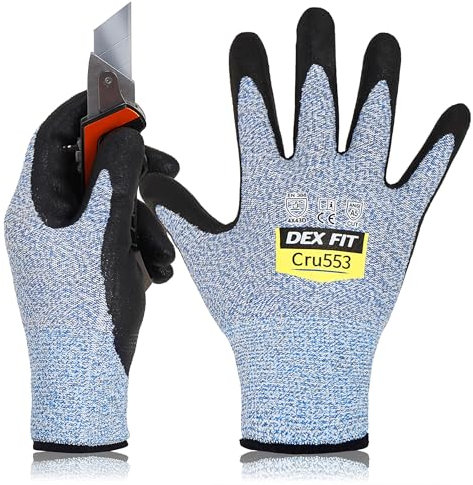 DEX FIT Cru553 Guanti Anti Taglio Livello 5-3D Fit, Presa Antiscivolo in Nitrile, Leggeri e Traspiranti, Resistenti, Touchscreen, Lavabili; Blu 10 (XL) 3 Paia