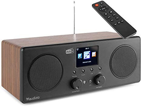 Audizio Bari Radio WiFi Internet estéreo con Dab+, FM, Radio Despertador Bluetooth, Mando a Distancia, Pantalla Display de 2,8, Spotify Connect, Salida de Auriculares, Entrada Auxiliar (Madera)