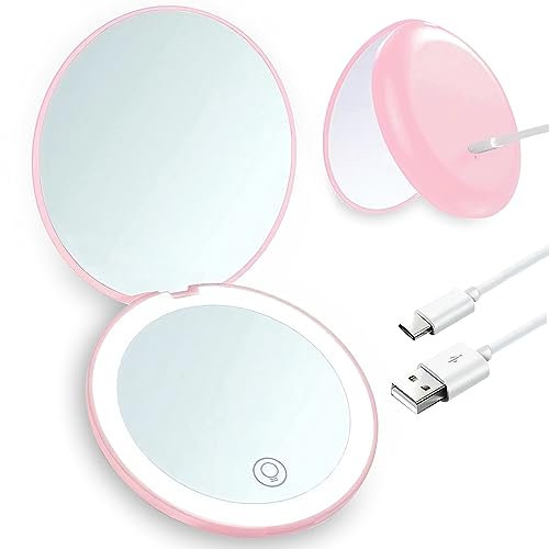 Giazee Compact Mirror, Rechargeable 1X/10X Magnifying Mirror Portable Travel Compact Mirror with Light Small Led Pocket Mirror For Handbag