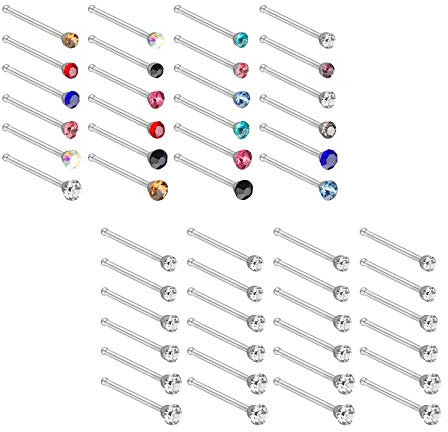 BigTree 60 Pack Nose Studs Stainless Steel Screw 20G Nose Rings Zirconia Piercing Pin Crystal Nose Bars Straight Body Jewelry Nose Bone Ball End Multicolor Gife Package for Women Mother Girls