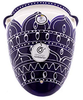 CERÁMICA RAMBLEÑA | Maceta Colgante orza | Maceta de Barro para Colgar | Maceta Pared orza Azul Decorada - Modelo D54 | 100% Decorada a Mano | 16x18x11 cm