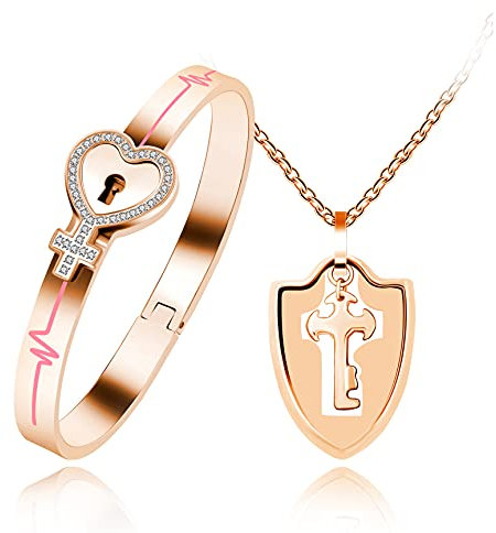 Uloveido Stainless Steel Key Necklace and Lock Bracelet for Men Women Y1481 (RoseGold)