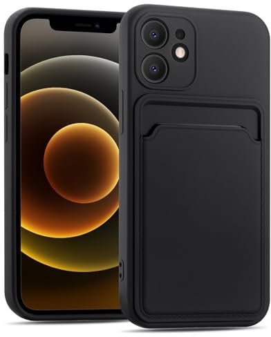 CoolGadget Card Case für iPhone 12, TPU Schutzhülle mit Kartenfach und erhöhtem Kantenschutz, Schwarz