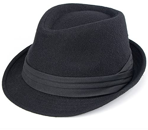 Klassischer Trilby-Fedora-Hut für Kinder, kurze Krempe, Gangster-Fedora, Manhattan-Hut für 3–6 Jahre alt, Schwarz mit Schleifenband, 3-6 Jahre