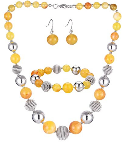 Bulinlin Perlen Damen Schmuck Set Silber Choker Halskette Ohrringe Creolen Statement Modeschmuck Weihnachtsgenchenke für Frauen(Yellow)