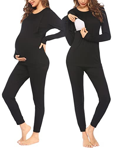Ekouaer Maternity Pajamas for Winter Long Johns Set Nursing Tops & Pants Pregnancy Long Sleeve PJS, Black, L