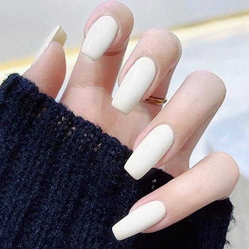Ceboic 24 Pcs Carrés Faux Ongles Court, Glossy Glänzend Ongles à Coller Couleur Pure French Press on Nails, Acrylique Pleine Couverture Ongles à Presser 12 Tailles pour Femmes et Filles (Blanc)