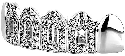 Hip Hop Grills Vergoldete Vampir Grills mit Iced Out Zirkon Halloween Cosplay Party Zahn Rapper Geschenk für Frauen Männer,Silber