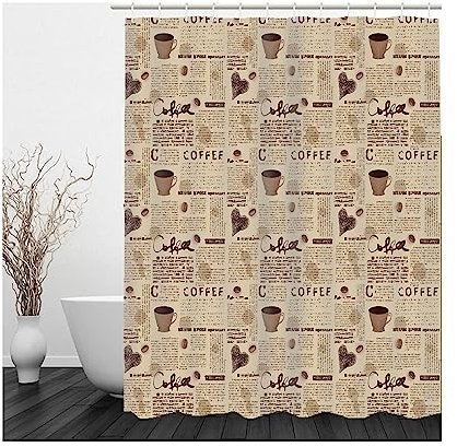 Duschvorhang Waschbar aus Stoff, Badevorhang Braun Schwarz Kaffee Zeitungs Herz 180x180 Polyester Bad Vorhang Badezimmer Deko