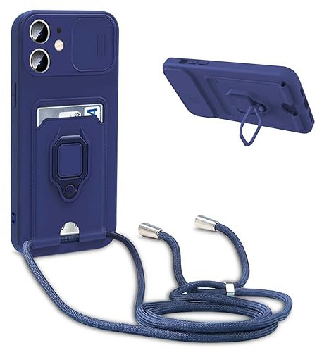 Coque avec Cordon pour iPhone 12 Pro/iPhone 12,Collier pour Étui Colliers de cellulaire Réglable Corde Silicone Souple Case,Protection de la Caméra,Support,Porte Cartes - Bleu