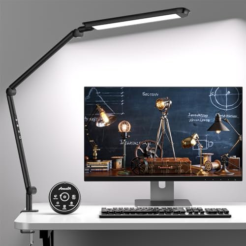 AmazLit Schreibtischlampe, LED Schreibtischlampe Dimmbar Schreibtischlampe klemmbar,12W Tischlampe Schwenkarm Architektenlampe Stufenloses Dimmen & Farbtemperaturen, Büro Lamp Timing