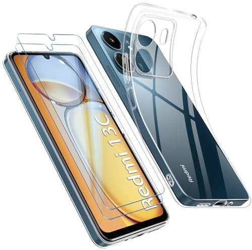 Qasyfanc Funda Compatible con Xiaomi Redmi 13C / Xiaomi Poco C65 Carcasa con Protección de La Cámara y 2 Piezas Cristal Templado, Funda Redmi 13C Silicona Suave Caso Delgada, Transparent