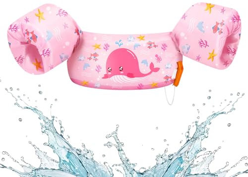 HeySplash Chaleco de Natación para Niños, Manguitos Flotantes para Nadar Piscina Flotadores de Brazos Duraderos con Banda Ajustable y Hebilla Segura para Niños de 9-22 kg, Ballena Rosa