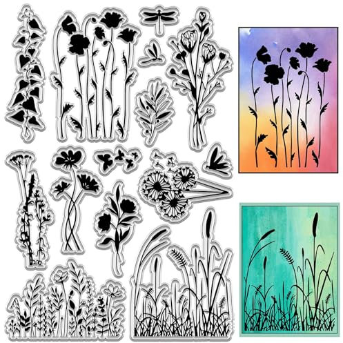 CRASPIRE Blumen Mohn Frühling Klare Gummistempel Retro Vintage Blatt Pflanze Wiederverwendbare Transparente Silikon-Stempelsiegel Für Journaling, Kartenherstellung, Scrapbooking, Fotoalbum,Dekoratives