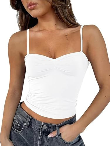 FOFAINWE Damen ärmelloses herzförmiger Ausschnitt Crop Tank Tops rückenfrei Spaghettiträger Plissee Bustier Y2K Camis Ausgehen Top(Weiß,XS)